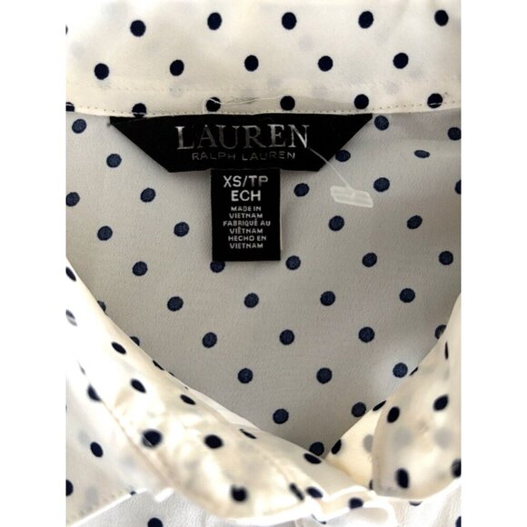 Lauren Ralph Lauren Button Up Blouse Ivory with Navy Polka Dots Classic Size XS - Picture 9 of 16